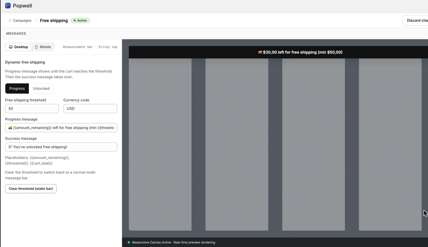 Bar editor with message settings next to a live storefront preview