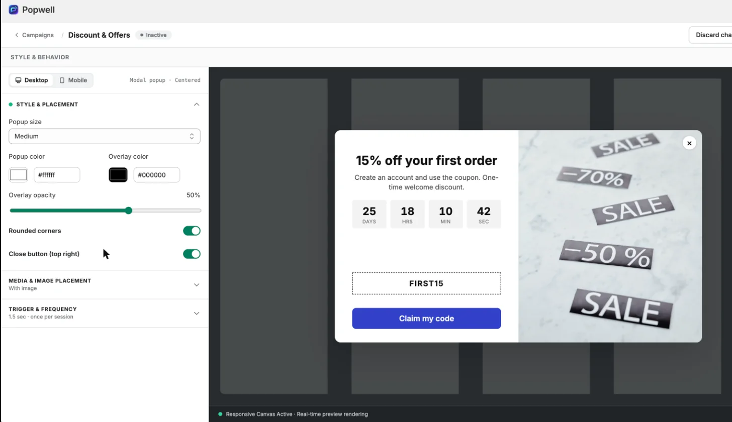 Campaign editor with image placement settings next to a live popup preview