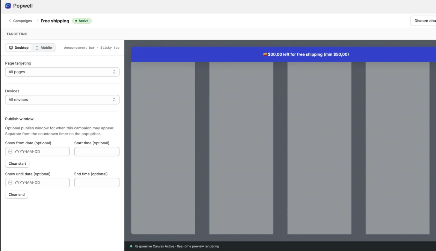 Trigger, page targeting and schedule settings in the campaign editor