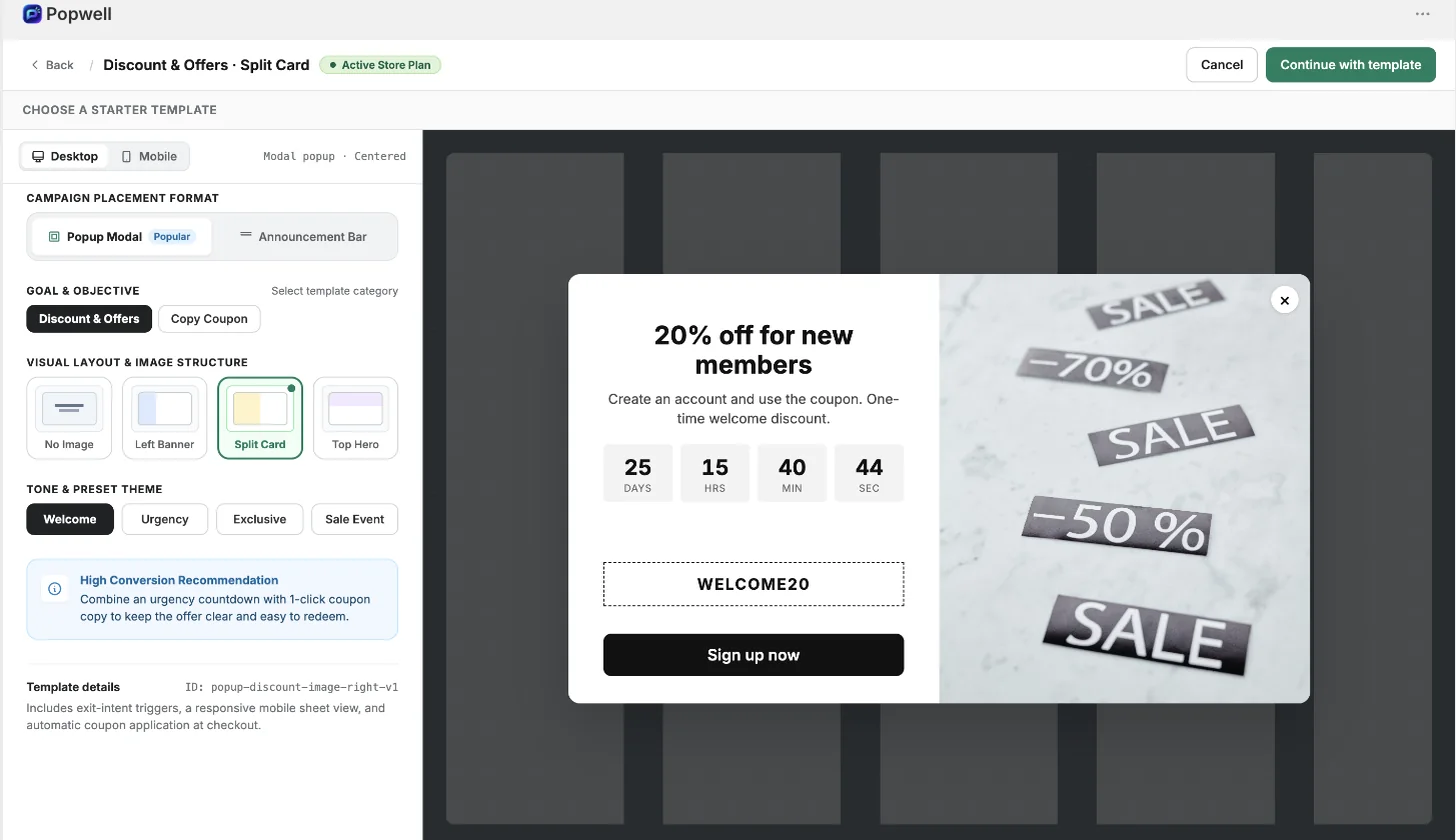 Starter picker with popup layouts, tones and a live preview of a discount popup