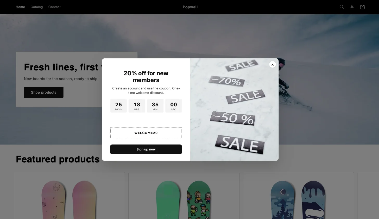Discount popup with a countdown and a coupon code over a storefront